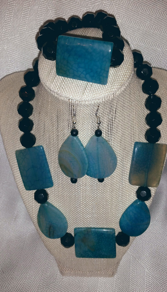 Sold Out~Elegant Blue Stone, Black Accent Beads. A Beautiful Fashion Statement~Bracelet Shown On Neck Of Stand *Was originally $35. Marked down due to set being modeled to showcase Jorden's work. *Brand new condition. *Earring wires were changed.