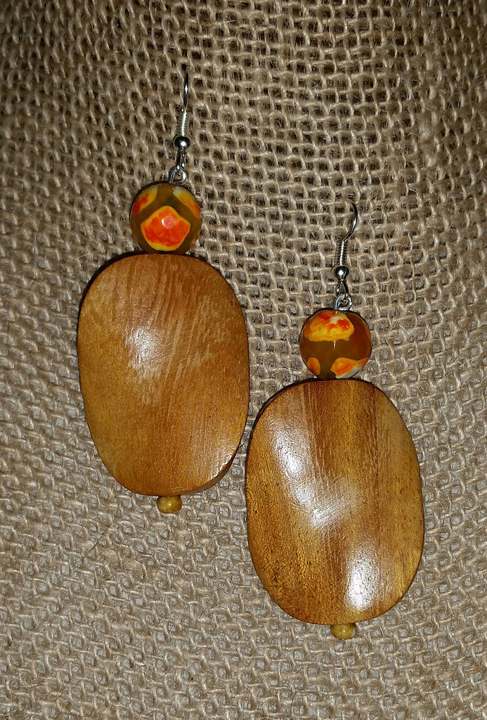 Sold Out~Beautiful Glass Beads Accent These Nicely Hued Chunky Wood Shapes, Creating A Unique, Pretty Pair Of Earrings