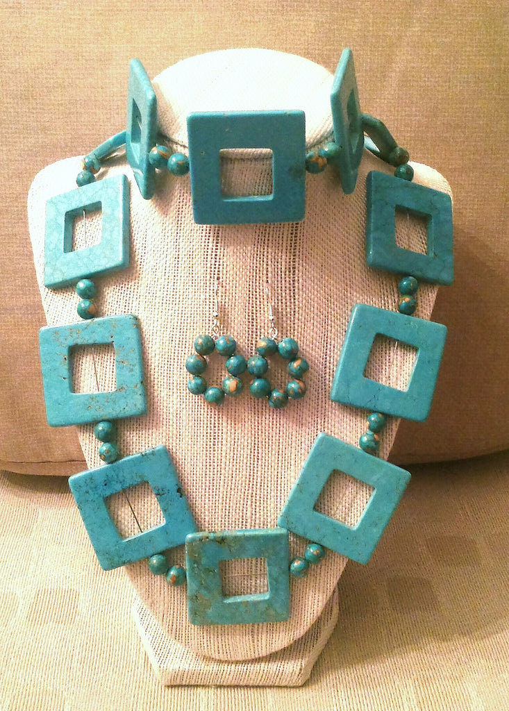 Gorgeous, Fabulous, and Bold Turquoise Blue Three Piece Set                                          *Bracelet Is Displayed On Neck Of Stand
